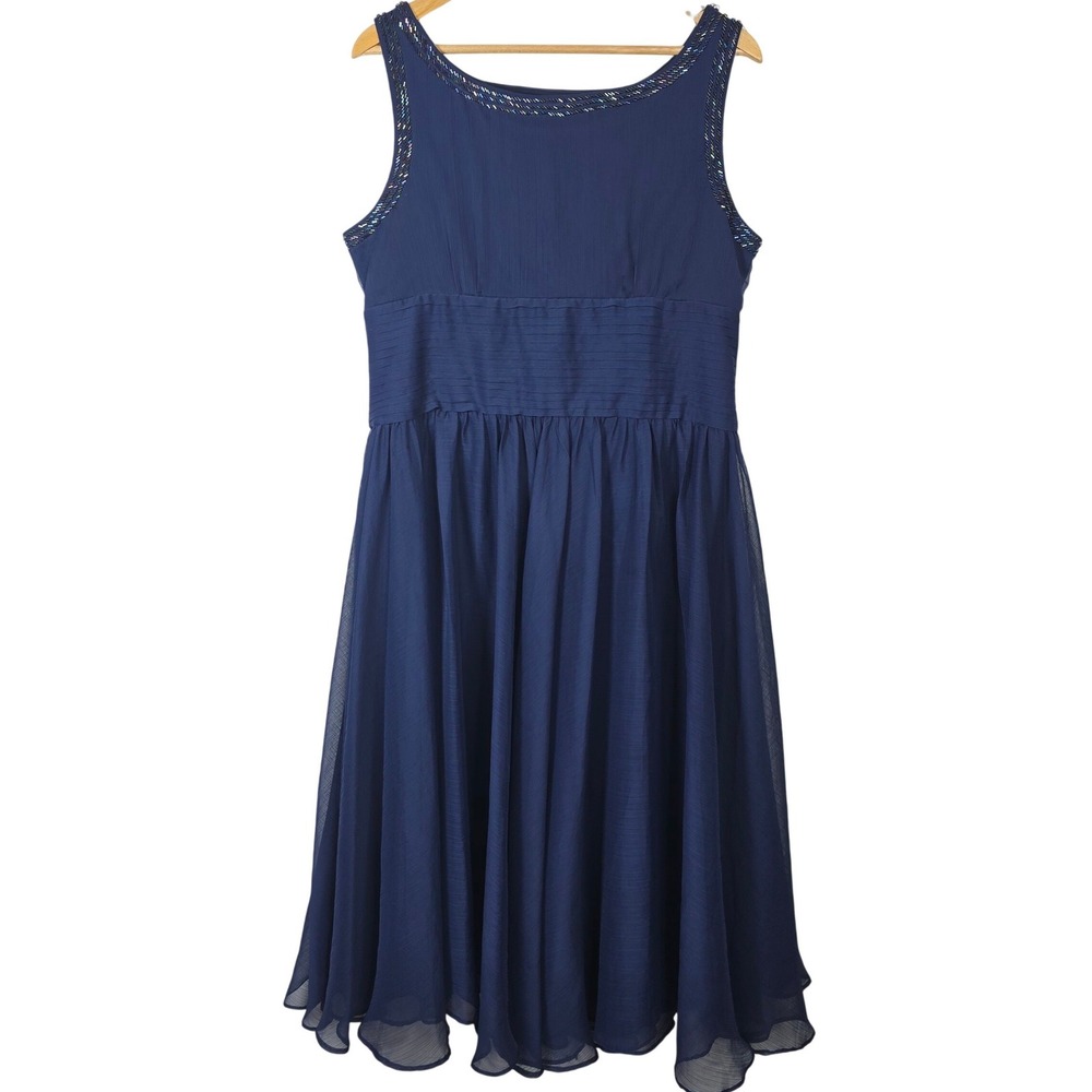 JS‎ Collections Navy Blue Beaded Chiffon Fit & Flare Formal Dress Size 14